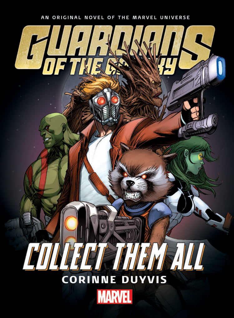 <p>Book cover for Guardians of the Galaxy: Collect Them All: the Guardians - consisting of Star-Lord, Gamora, Groot, Rocket Raccoon, and Drax - strike an action pose in front of a full moon.</p>
